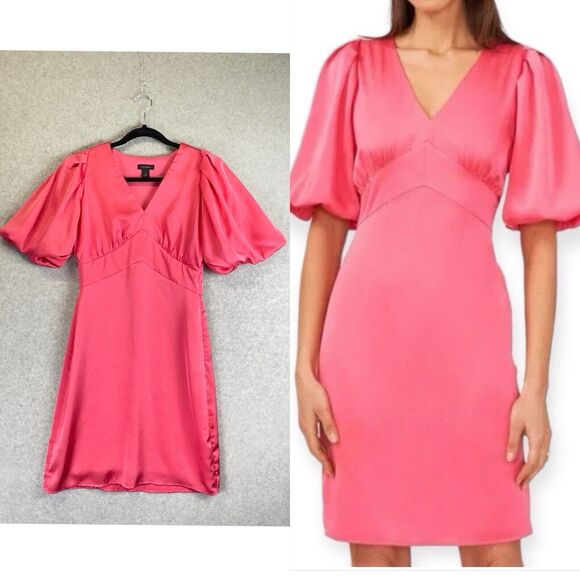 Halogen Pink Satin Dress Size‎ XS Puff Sleeve V-neck Short Dress Feminine Dainty - Picture 1 of 15